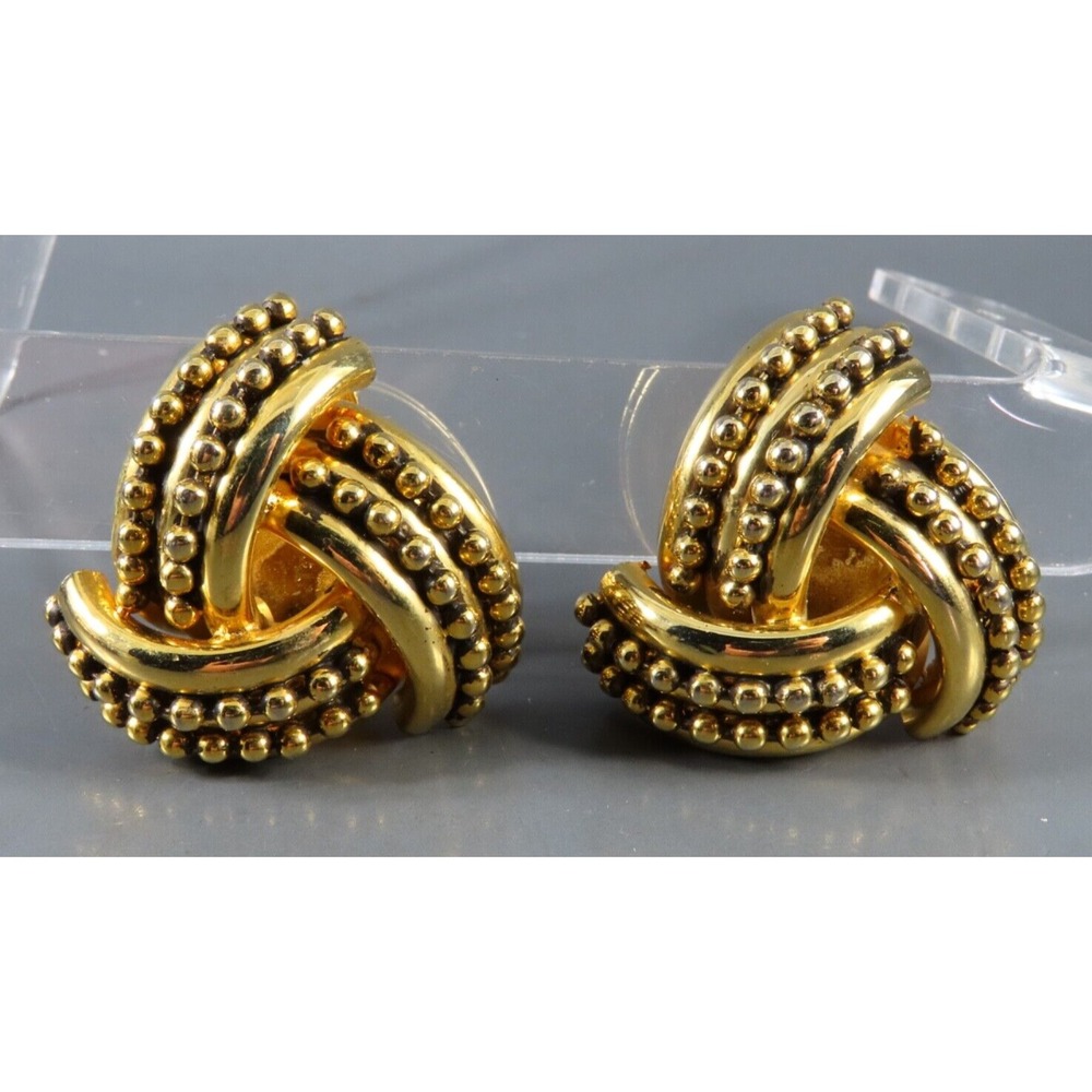 Vintage GOLD TONE CLIP-ON EARRINGS Large & Heavy BEADED KNOT LAYERED 80's Glam!